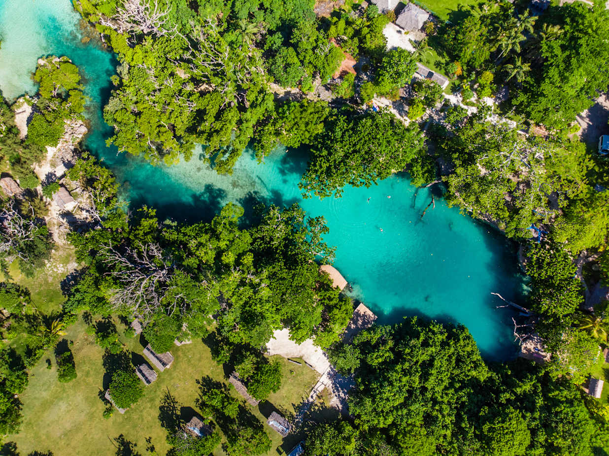 Drone view of The Blue Lagoon, Port Vila, Efate, Vanuatu - famous tourist destination